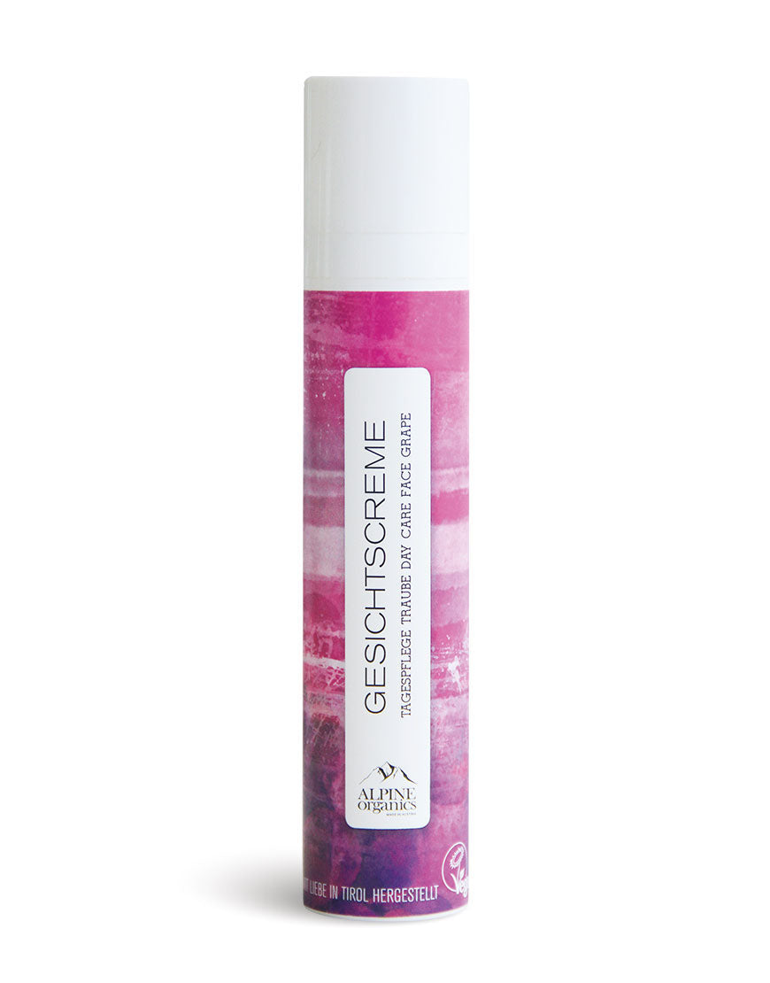 Zylindrische Pumpe mit „Gesichtscreme mit Traubenkernöl & Jojobaöl für eine jugendliche Haut | Bio & Vegan“ von Alpine Organics, vegan zertifiziert.