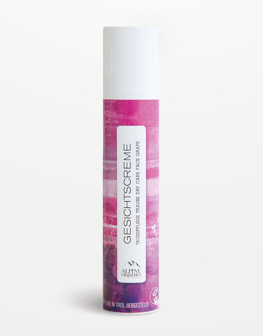 Tall, schlanke Pumpflasche Gesichtscreme mit Traubenkernöl & Jojobaöl für jugendliche Haut, Bio & Vegan, von Alpine Organics, Tagespflege für anspruchsvolle, reife Haut.