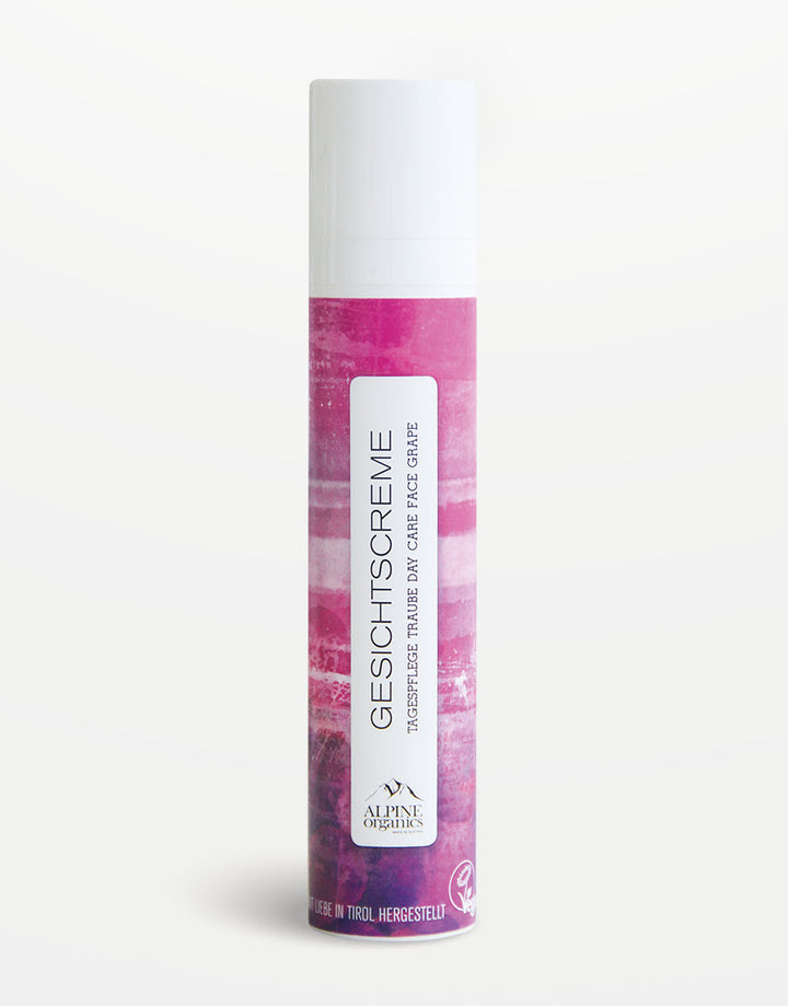 Tall, schlanke Pumpflasche Gesichtscreme mit Traubenkernöl & Jojobaöl für jugendliche Haut, Bio & Vegan, von Alpine Organics, Tagespflege für anspruchsvolle, reife Haut.