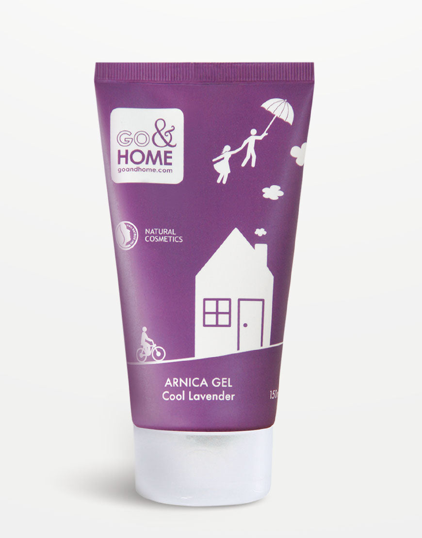 Kühlendes Gel Cool Lavender mit Arnika & Lavendel für müde Muskeln, 150 ml Tube, naturkosmetisch, mit Tiroler Bergquellwasser und BIO-Lavendelöl, weiße Illustrationen auf der Vorderseite.