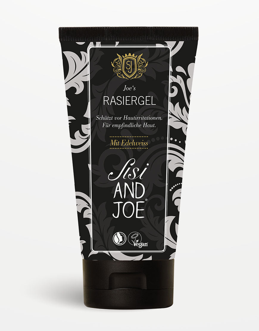 Veganes Rasiergel mit Kamille- und Edelweißextrakt von Sisi and Joe, für empfindliche Haut, schützt vor Irritationen, zertifiziert vegan und cruelty-free, dekorative schwarze Tube.