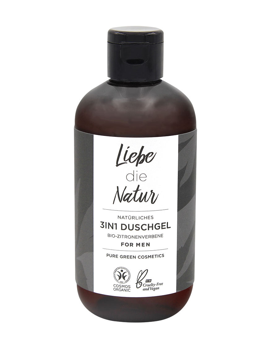 Braune Plastikflasche mit schwarzem Klappverschluss, etikettiert als MEN 3-in-1-Duschgel mit Eisenkraut, biozertifiziert, vegan, für Körper, Gesicht und Haar.
