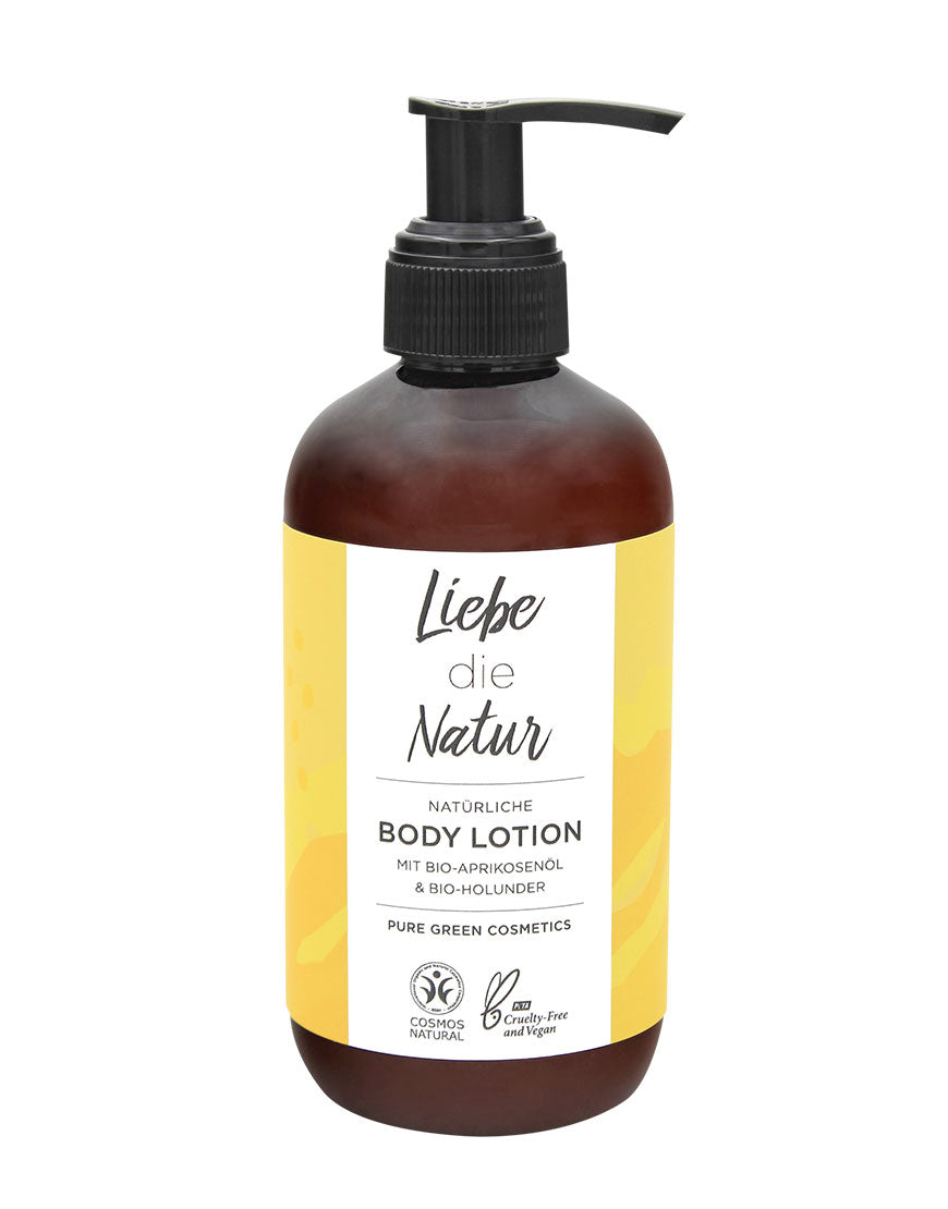 Flasche der Bodylotion mit Aprikosenextrakt & Holunderextrakt für geschmeidige & gepflegte Haut | Bio & Vegan, zeigt Pumpverschluss und Bio-Zertifikate.