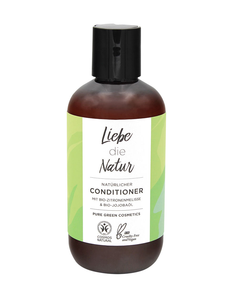 Haarspülung mit Zitronenmelissenextrakt & Jojobaöl, natürlich, bio, vegan, Cosmos Natural zertifiziert, in Plastikflasche. Spendet intensive Feuchtigkeit, verleiht seidigen Glanz.