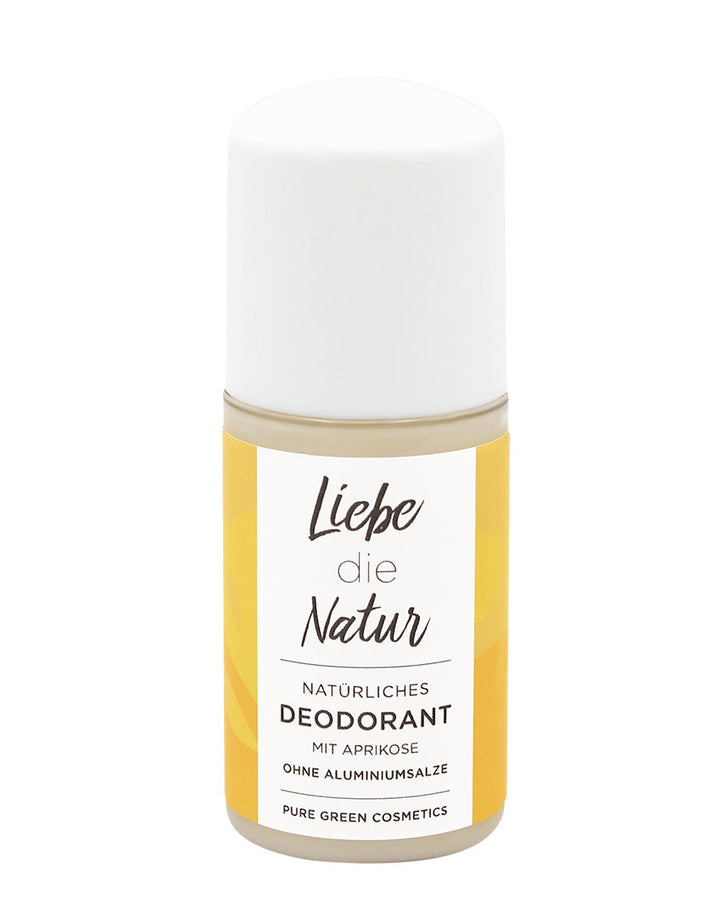 Roll-on-Flasche „Liebe die Natur“ Deo Roll-On mit Salbei & Johanniskrautextrakt, natürlich, mit Aprikose, ohne Aluminiumsalze, Bio und vegan, für langanhaltenden Schutz.