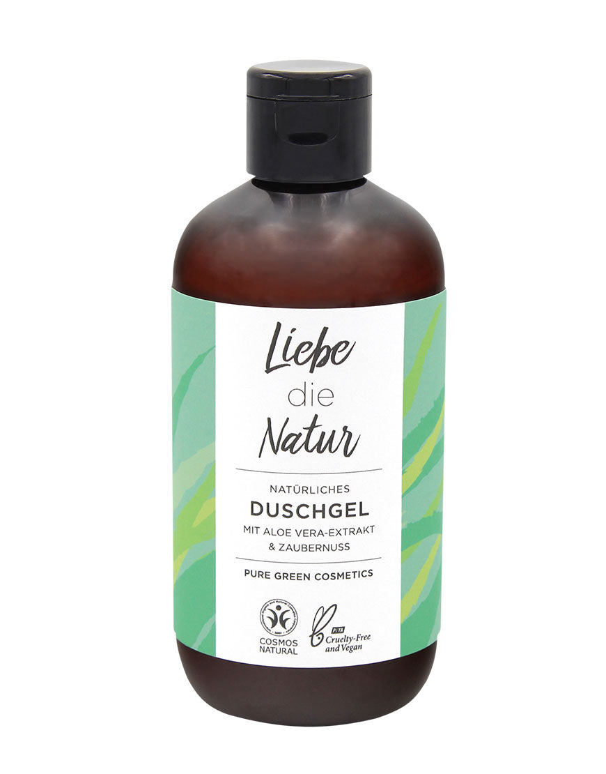 Plastikflasche mit Liebe die Natur Duschgel, Aloe-Vera-Extrakt und Zaubernuss. Bio, vegan und tierversuchsfrei für sanfte Reinigung und erfrischenden Duft.