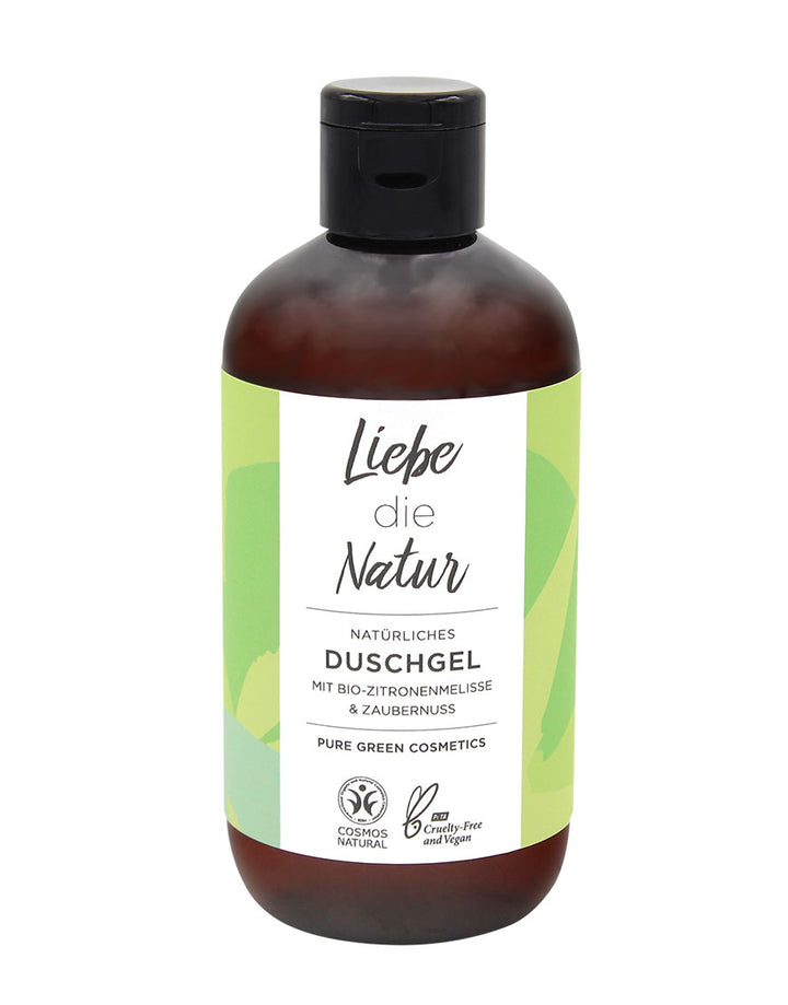 Flasche Liebe die Natur Duschgel mit Zitronenmelisse und Zaubernuss; vegan, tierversuchsfrei, zertifiziert COSMOS-Natural, für sanfte Reinigung und erfrischenden Duft.