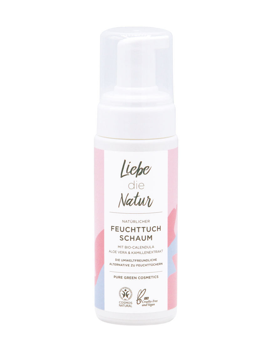 Liebe die Natur Feuchttuchschaum in weißer Pumpflasche, enthält Aloe-Vera, Calendula und Kamille. Bio, vegan und umweltfreundlich, als nachhaltige Feuchttuch-Alternative. COSMOS Natural zertifiziert.