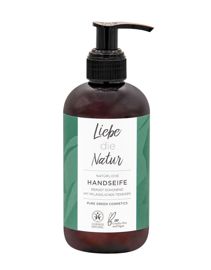 Pumpflasche mit der Aufschrift Liebe die Natur, natürliche Handseife mit pflanzlichen Tensiden und Aloe-Vera-Gel, zertifiziert als Bio, vegan und cruelty-free.