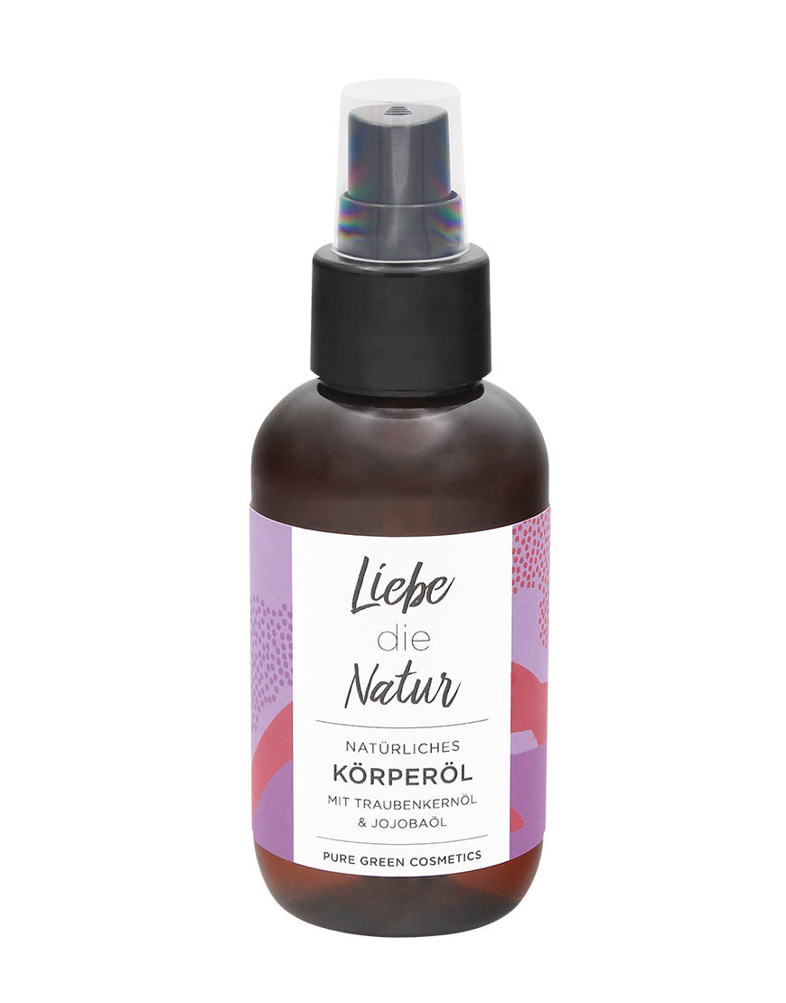 Körperöl mit hochwertigem Traubenkern- und Jojobaöl in einer kleinen, bernsteinfarbenen Sprühflasche, bietet intensive Feuchtigkeit und Pflege für die Haut, Bio und vegan.