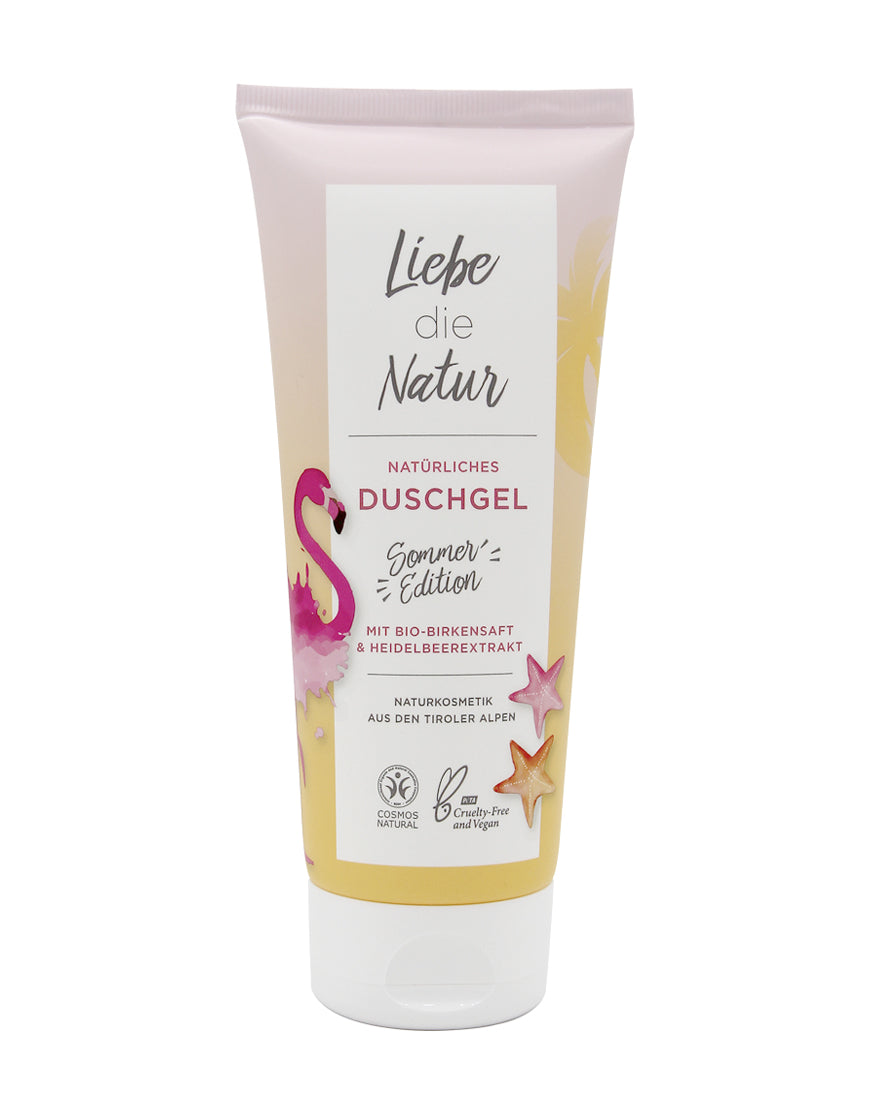Duschgel mit Birkensaft und Heidelbeerextrakt für erfrischende Reinigung & Pflege. Sommer-Edition mit Flamingo-Motiv, Bio-zertifiziert, vegan und tierversuchsfrei.