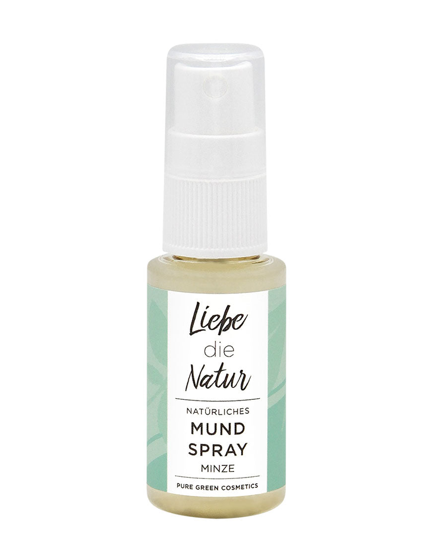 Mundspray mit Minze, Zitronenmelisse & Kurkuma von Pure Green Cosmetics, für sauberes Mundgefühl und frischen Atem, Bio & Vegan, in kleiner Sprühflasche.