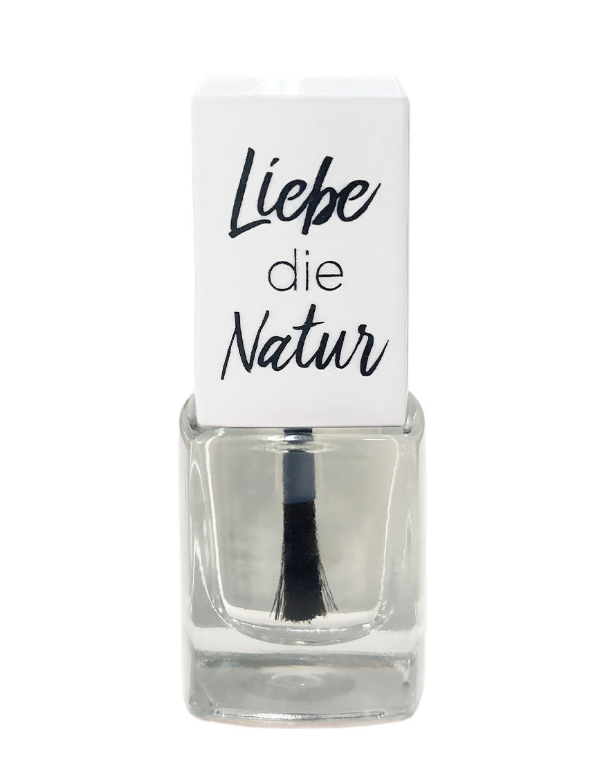 Kleines Glasfläschchen mit weißem Deckel, bedruckt mit Liebe die Natur, enthält Nagellack mit wasserbasierter Formel, natürlichen Farbpigmenten, biologisch und vegan.