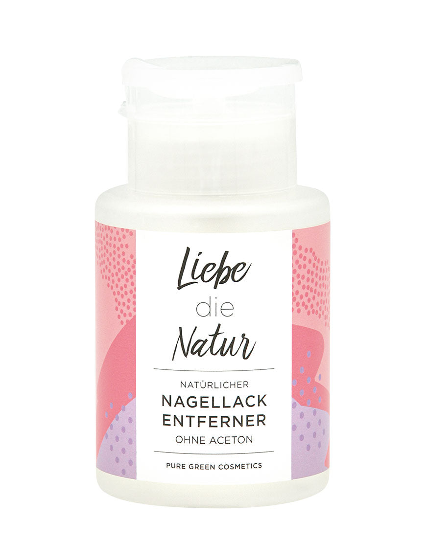Kleine Pumpflasche Liebe die Natur Nagellackentferner mit Orangen- und Zitronenöl, bio und vegan, ohne Aceton, aus der Pure Green Cosmetics Linie.