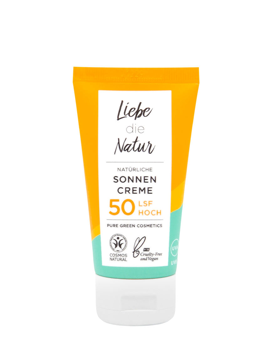 Tube der Liebe die Natur Sonnencreme LSF 50 mit Zinkoxid und Sonnenblumenöl, bietet hohen Sonnenschutz und intensive Feuchtigkeit, COSMOS Natural zertifiziert, vegan.