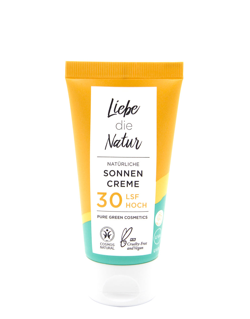 Tube der Liebe die Natur Sonnencreme LSF 30 mit Zinkoxid und Sonnenblumenöl, bietet mineralischen UV-Schutz, intensive Feuchtigkeit, geeignet für empfindliche Haut, vegan und wasserfest.