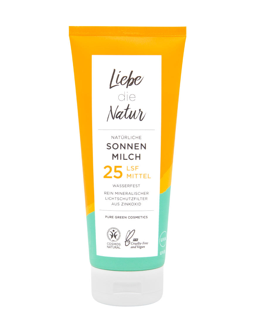 Tube der Sonnencreme LSF 25 mit Zinkoxid und Sonnenblumenöl von Liebe die Natur, bietet natürlichen UVA/UVB-Schutz, wasserfest, vegan und Cosmos Natural zertifiziert.