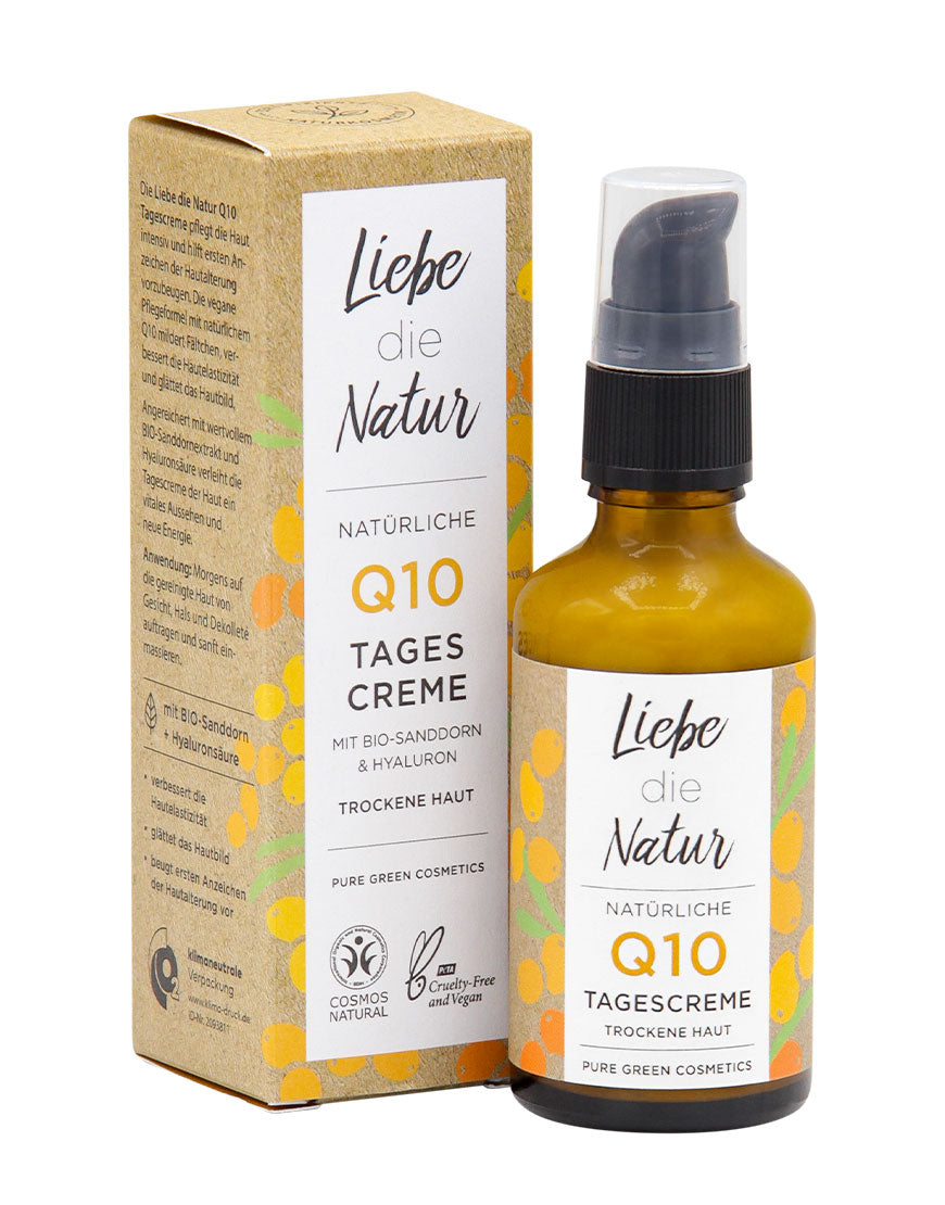 Q10-Tagescreme mit Bio-Sanddorn & Hyaluronsäure für sanfte Reinigung. Enthält natürliches Q10, ideal für trockene Haut, vegan und tierversuchsfrei.