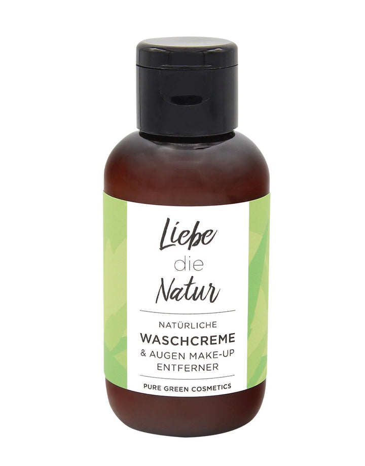 Kleine, amberfarbene Plastikflasche mit schwarzem Klappverschluss. Beschriftet als Waschcreme  für sanfte Reinigung & Make-Up-Entfernung | Bio & Vegan.