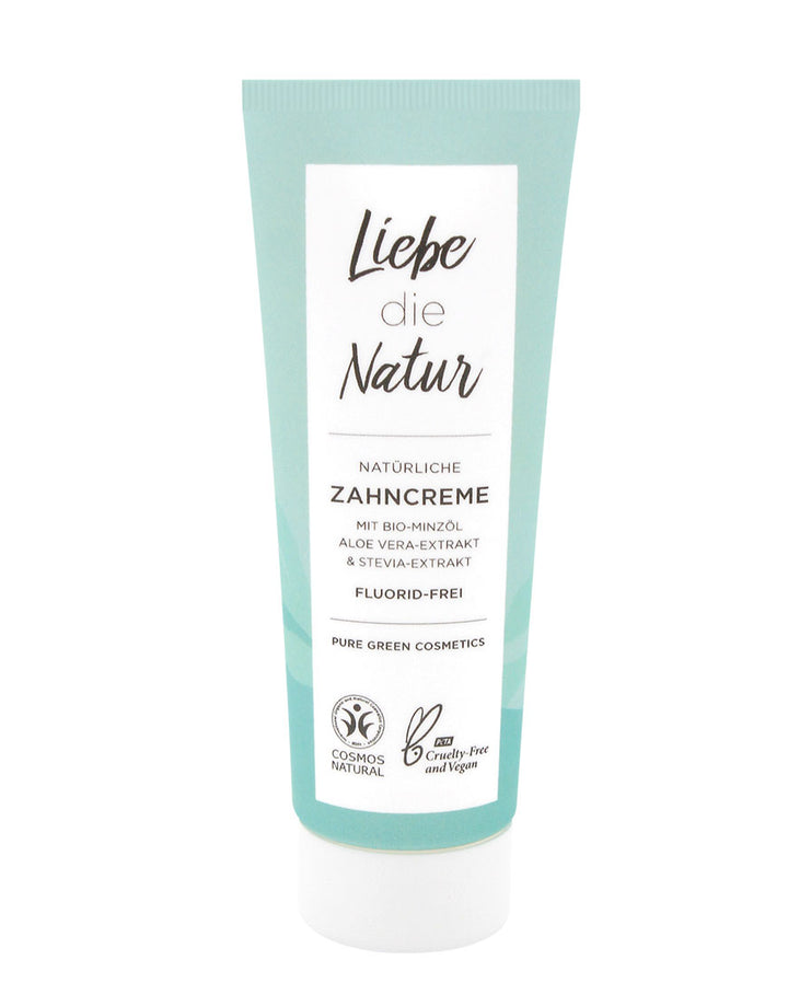 Tube der Zahncreme mit Bio-Pfefferminzöl von Liebe die Natur, fluoridfrei, vegan, Cosmos Natural zertifiziert, mit Aloe Vera und Stevia, für frischen Atem und schonende Reinigung.