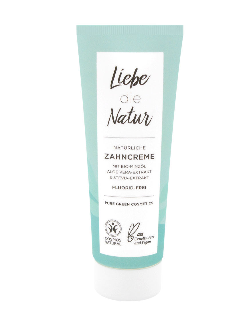 Tube der Zahncreme mit Bio-Pfefferminzöl von Liebe die Natur, fluoridfrei, vegan, Cosmos Natural zertifiziert, mit Aloe Vera und Stevia, für frischen Atem und schonende Reinigung.