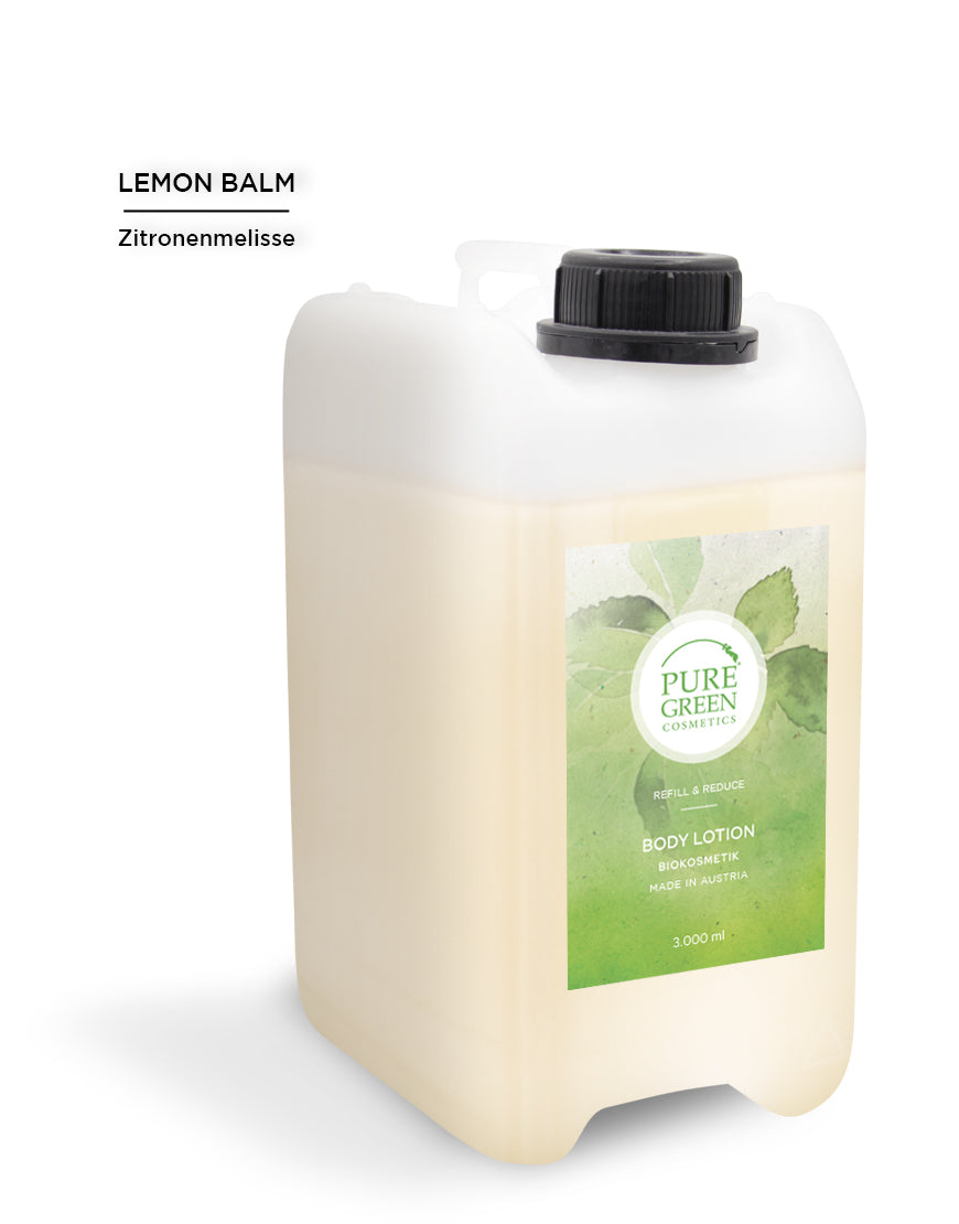 3-Liter-Kanister Pure Green Cosmetics Hand- & Körperlotion mit Aprikosenkernöl, Vitamin E, Zitronenmelisse, Bio und vegan, zum Nachfüllen, hergestellt in Österreich.