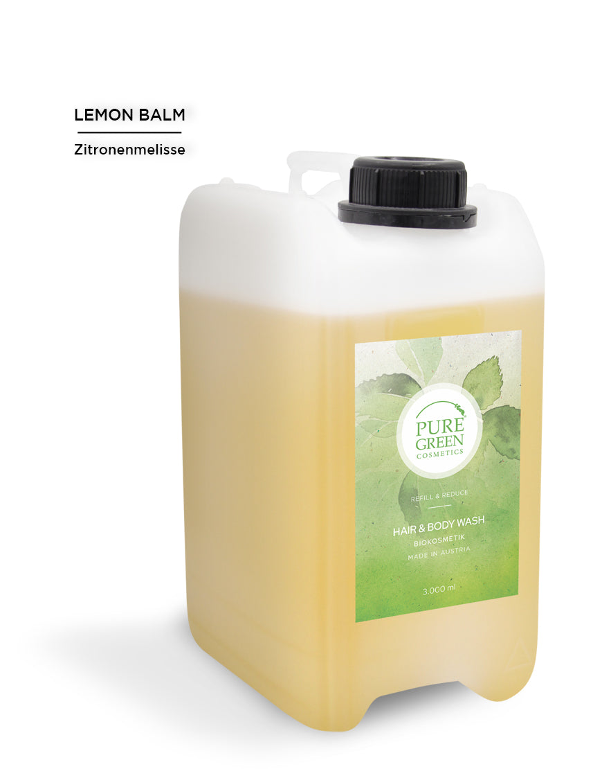3-Liter-Nachfüllkanister Pure Green Cosmetics Hair-&-Body-Shampoo mit Zitronenmelissen- und Lindenblütenextrakt, Bio & Vegan, in halbtransparentem Behälter mit schwarzem Schraubverschluss.