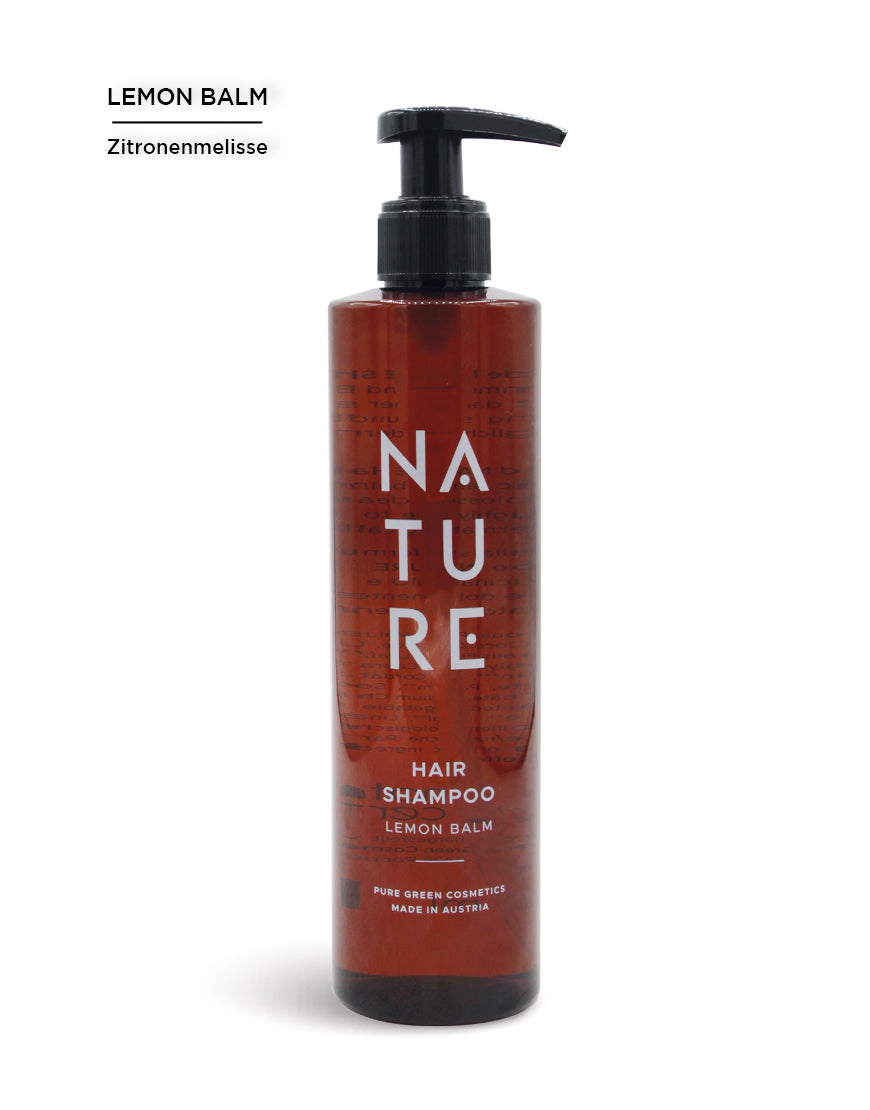 Haarshampoo mit Zitronenmelisse & Lindenblütenextrakt in amberfarbener Pumpflasche von Pure Green Cosmetics, für geschmeidiges, gepflegtes Haar, bio und vegan.