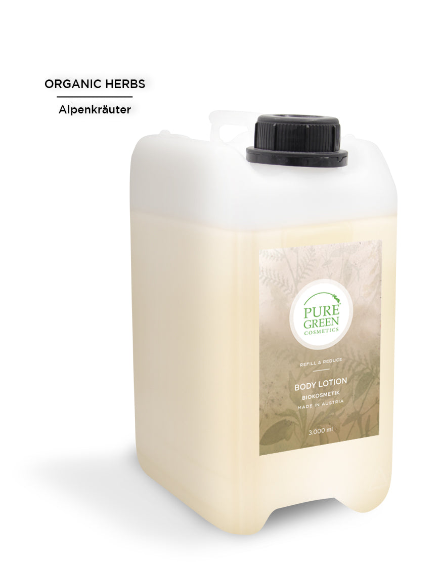 3 000 ml Kanister Pure Green Cosmetics Bodylotion mit Alpenkräutern und Aprikosenkernöl, bio und vegan, für intensive Feuchtigkeit und seidig-weiche Haut, hergestellt in Österreich.