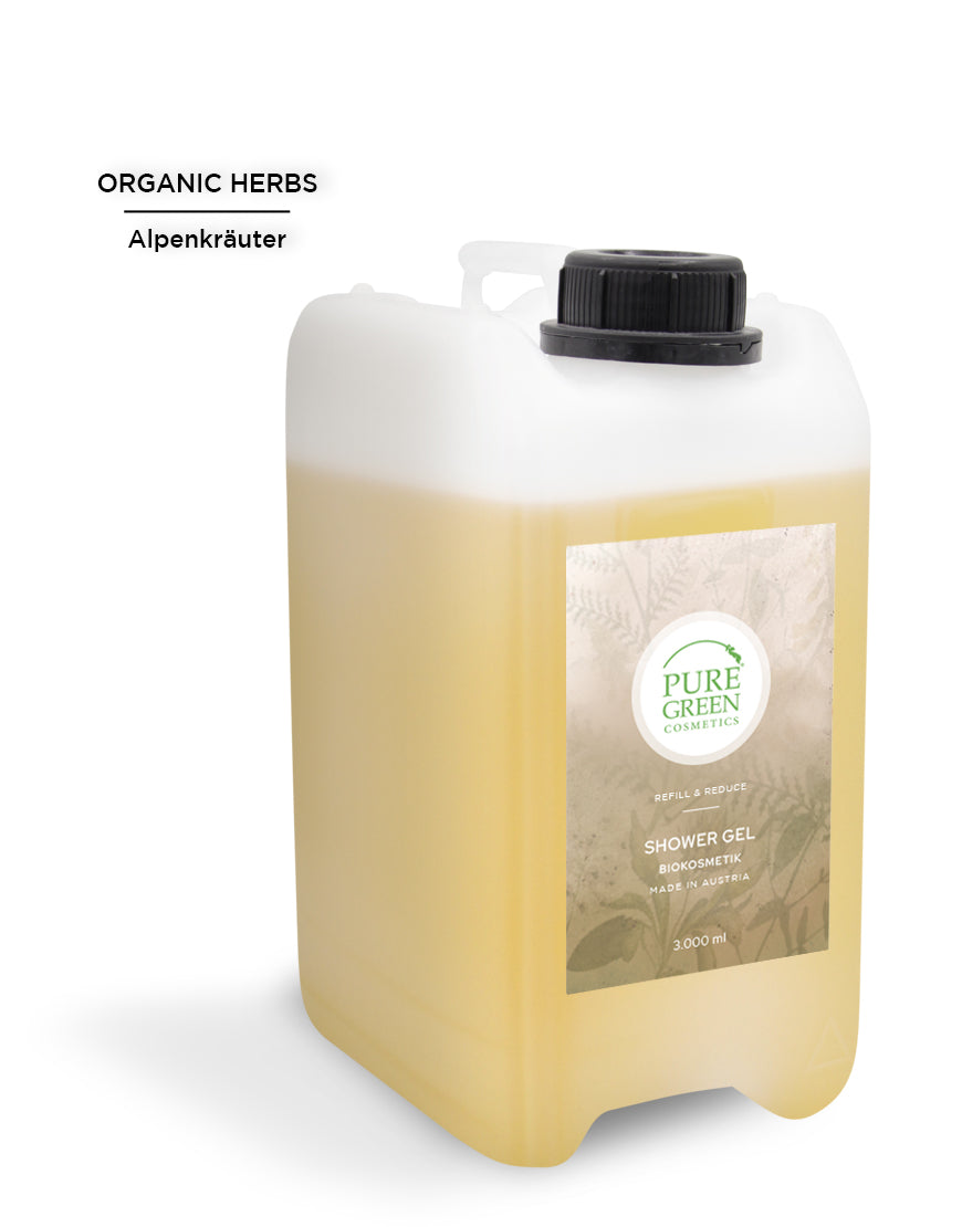 3-Liter Duschgel-Kanister mit Kräuterextrakten, pflanzlichen Tensiden, Bio & Vegan, von PURE GREEN COSMETICS. Alpenkräuter-Duft, geeignet für sanfte Reinigung, aus Österreich.