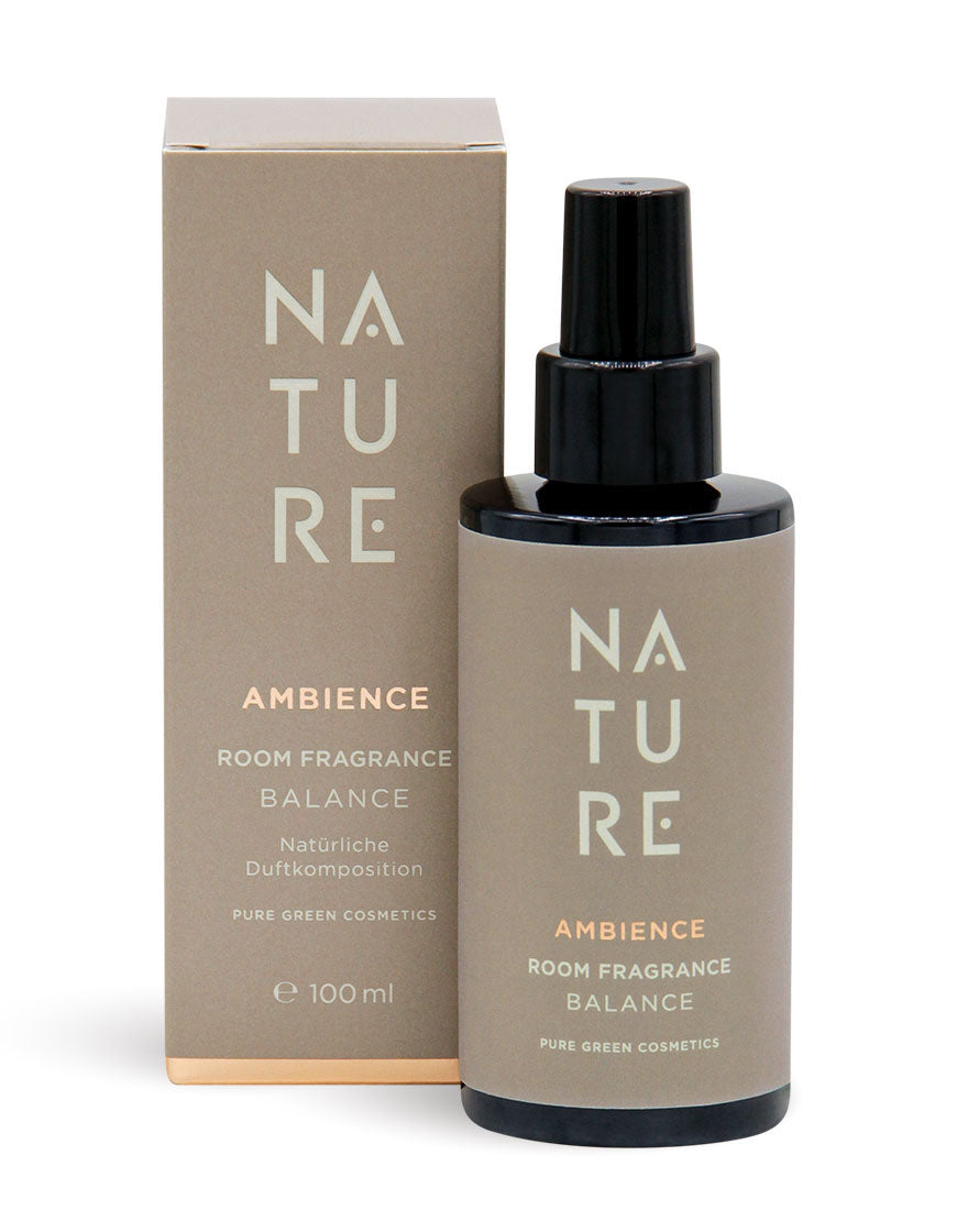 Raumduft mit Latschenkiefer & Sandelholz: Beige Box und Sprühflasche NATURE Ambience – Balance für reinigenden, stresslindernden Bio- und veganen Duft.