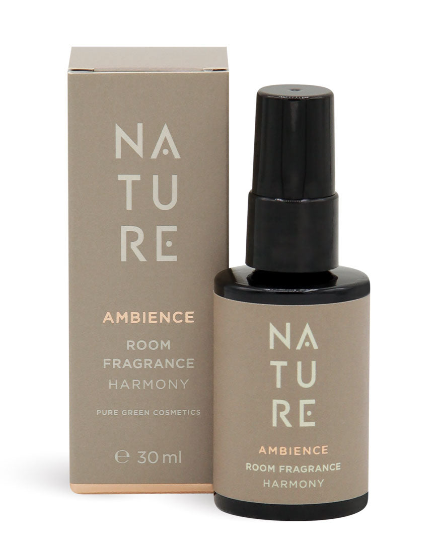 Raumduft mit Wildrosen & Süßorangen für harmonisierende Atmosphäre in matter taupe Flasche, 30 ml, von NATURE Ambience, Pure Green Cosmetics.