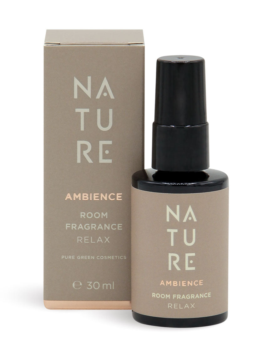 Sprayflasche und Box von Nature Ambience – Relax, Raumduft mit Lavendel und Fichtennadel für beruhigende, entspannende Atmosphäre, bio und vegan, 30 ml.