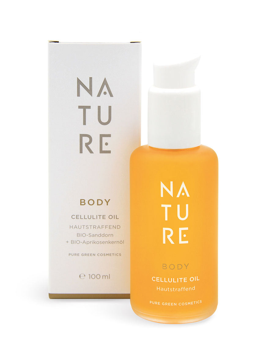 Frosted Glasflasche Cellulite-Öl mit Sanddornextrakt & Aprikosenkernöl für straffere Haut & intensive Pflege | Bio & Vegan neben passender weißer Verpackung.