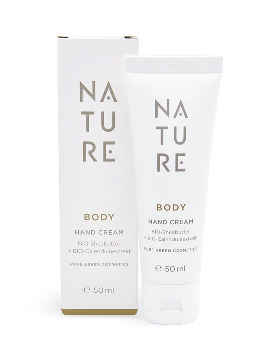 Handcreme mit Sheabutter & Calendula für intensive Feuchtigkeit & kräftige Nägel, 50 ml Tube neben Karton, pure Naturkosmetik, bio, vegan, aus Österreich.