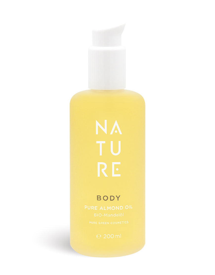 200 ml Flasche NATURE Pflegeöl, Reines Mandelöl, aus biologischem Anbau. Für seidig weiche Haut und glänzendes Haar. Bio & Vegan, für Babys geeignet.