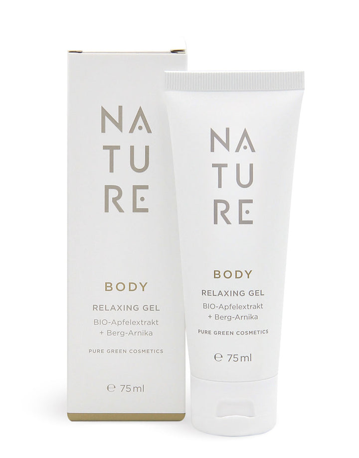 75 ml Tube und Box von NATURE Relaxing Gel mit Berg-Arnikaextrakt und Lavandinöl, ideal zur Muskelentspannung und Erfrischung. Bio und vegan aus Österreich.