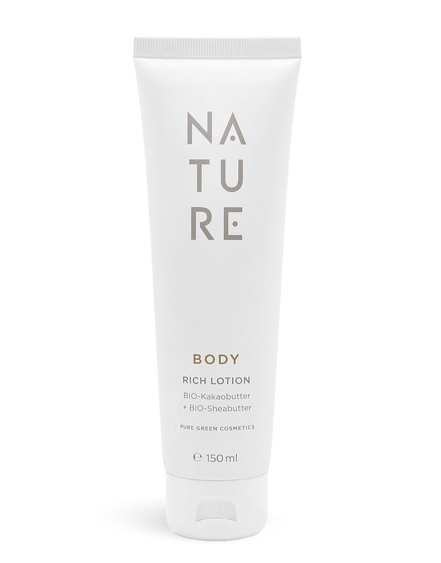 Weiße Tube Bodylotion mit Kakaobutter & Aprikosenkernöl für intensive Feuchtigkeit & seidig-weiche Haut, Bio & Vegan, 150 ml von NATURE, Pure Green Cosmetics.