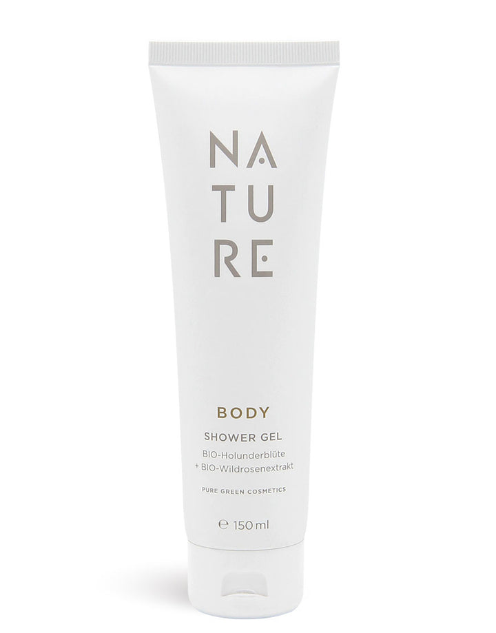 Duschbad mit Aprikosenöl & Holunderextrakt in weißer Tube, vegan und bio, für sanfte Reinigung und samtweiche Haut, mit preisgekrönter, natürlicher Pflegeformel.