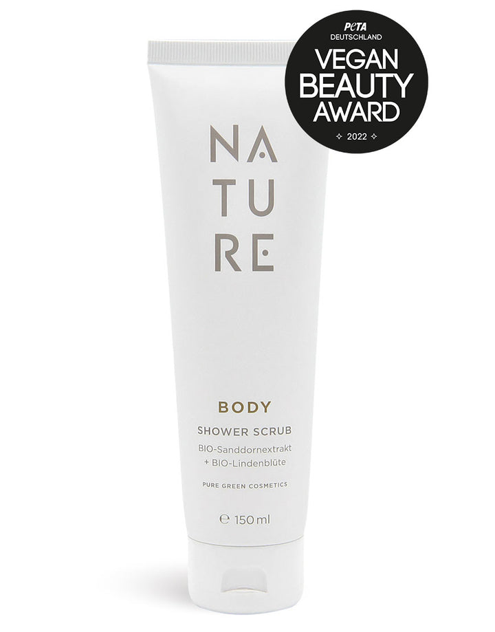 Geschenkset mit Bodylotion & Duschgel für gepflegte Haut & verwöhnenden Duft, 150 ml NATURE Shower Scrub mit BIO-Sanddornextrakt und BIO-Lindenblüte, vegan zertifiziert.