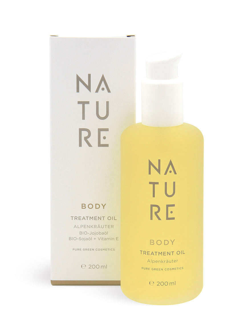 Körperöl Alpenkräuter mit Weizenkeimöl & Aprikosenkernöl, 200 ml Pumpflasche, Pure Green Cosmetics. Enthält BIO-Jojobaöl, BIO-Sojaöl, Vitamin E, dermatologisch getestet.