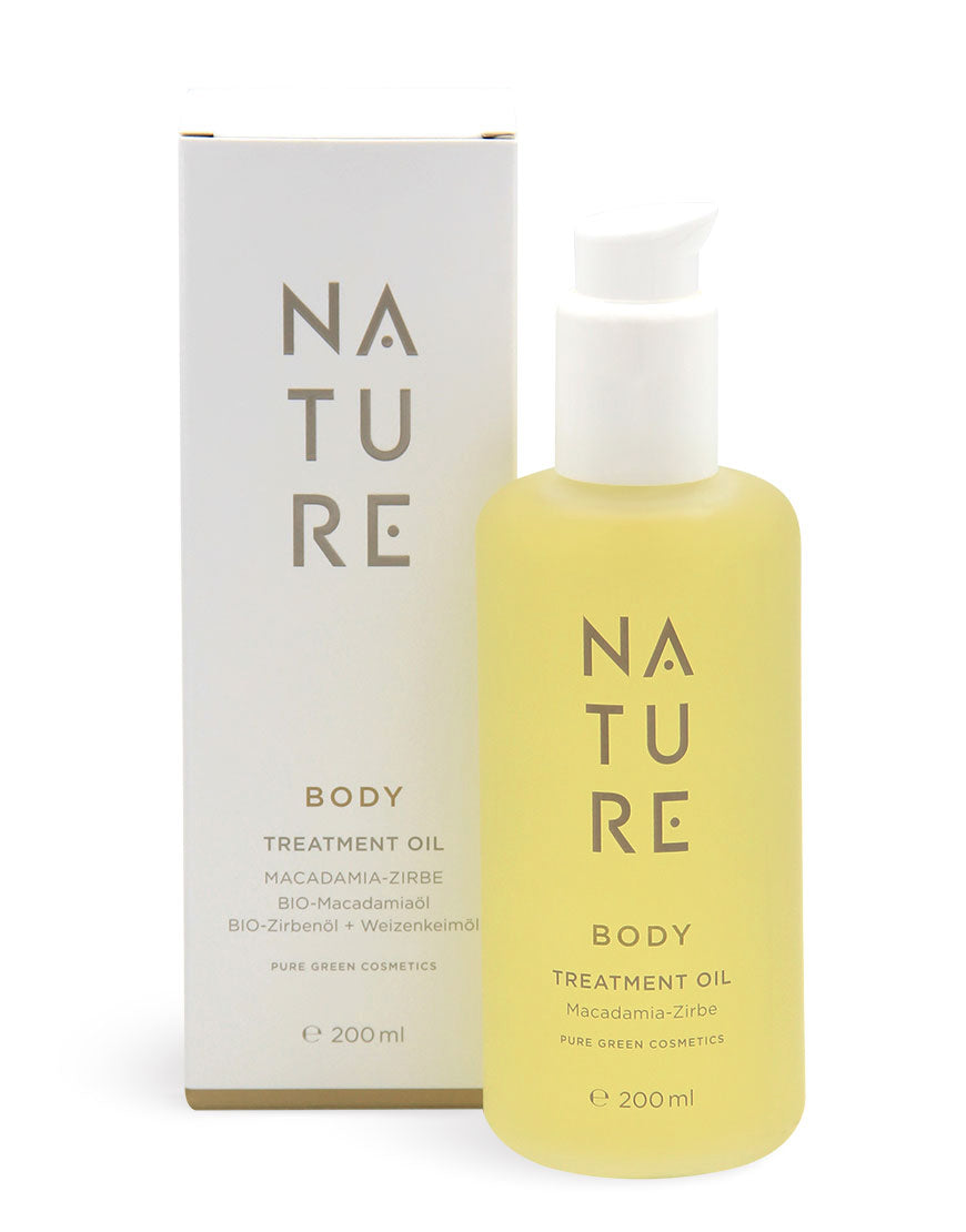 Körperöl Macadamia-Zirbe mit Zirbenöl & Macadamiaöl, 200 ml Pumpflasche und Karton, Bio & Vegan, für genährte Haut und holzig-nussigen Duft.