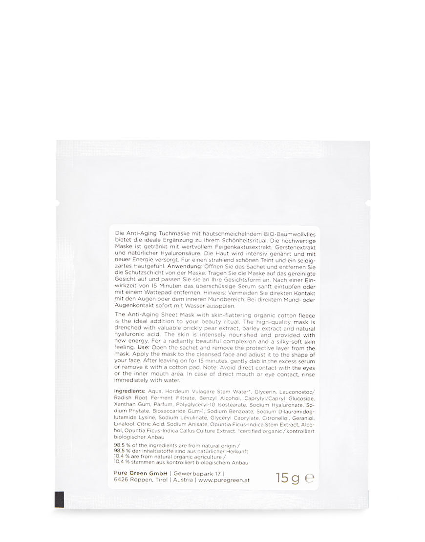 Rückseite eines versiegelten 15-g-Sachets der Anti-Aging Tuchmaske mit Feigenkaktus- und Gerstenextrakt von Pure Green GmbH, mit Anwendungshinweisen und Zutatenliste auf Deutsch und Englisch.