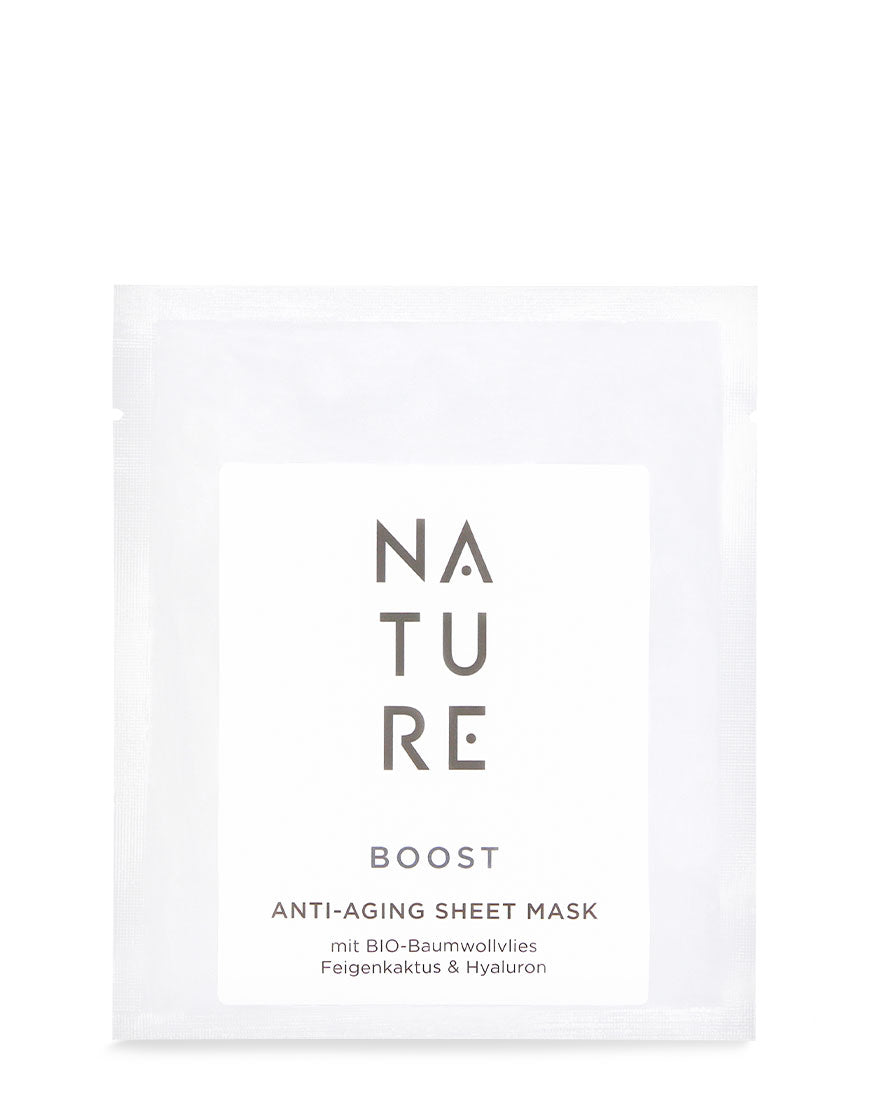 Einzelne Anti-Aging Tuchmaske mit Feigenkaktus und Gerstenextrakt, bestehend aus BIO-Baumwollvlies, für straffe, intensiv mit Feuchtigkeit versorgte Haut. Vegan und dermatologisch getestet.