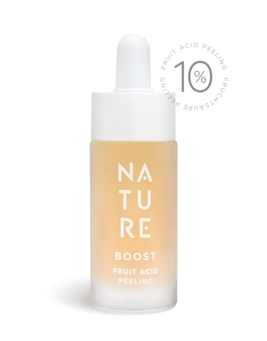Fruchtsäurepeeling mit natürlichen Fruchtsäuren & Kollagen-Boost-Formel; kleines, mattes Glasfläschchen mit 10% Fruchtsäurepeeling für glattere Haut und strahlenden Teint, bio & vegan.