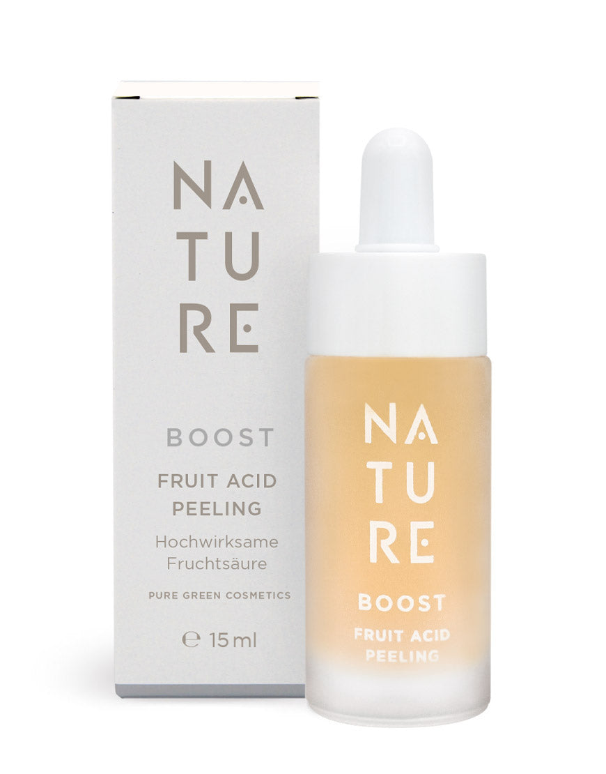 Fruchtsäurepeeling mit natürlichen Fruchtsäuren & Kollagen-Boost-Formel für glattere Haut & strahlenden Teint. 15 ml Flasche mit Tropfverschluss und Verpackung. Bio & vegan.