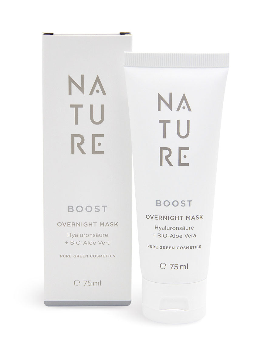 Overnight-Maske mit Resveratrol & Hyaluronsäure, 75 ml, in weißer Tube neben passender Box. Fördert regenerierte, strahlende Haut über Nacht; Bio & Vegan.
