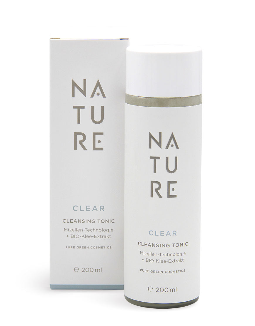 200 ml Flasche und Box des Reinigungstonics mit Rotklee-Extrakt & Aloe-Vera, bio & vegan, für gründliche Reinigung und verfeinerte Poren, von PURE GREEN COSMETICS.