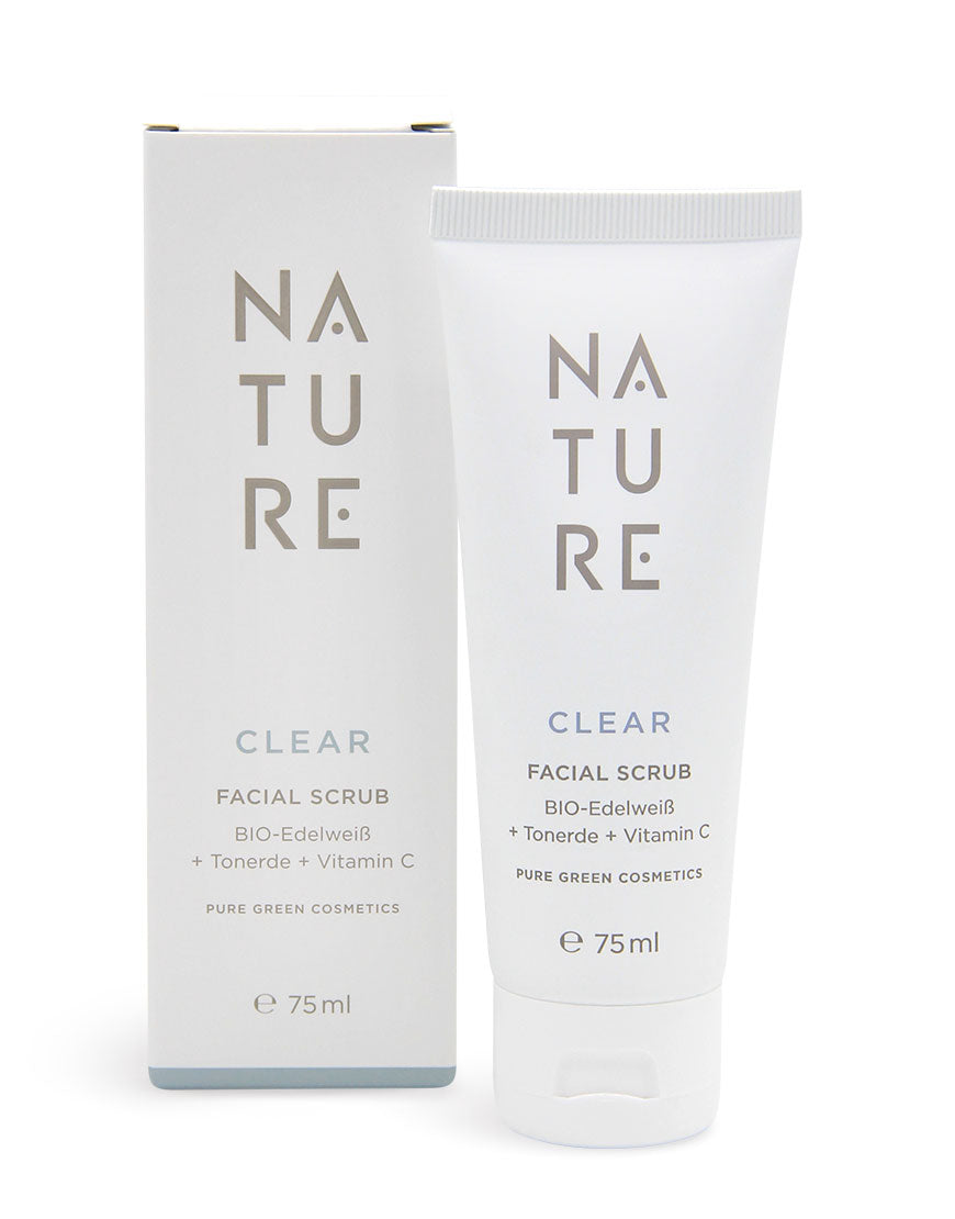 Gesichtspeeling mit natürlichen Peelingpartikeln & Tonerde in 75 ml Tube, Pure Green Cosmetics, Bio-Edelweiß und Vitamin C für porentiefe Reinigung und verfeinerte Poren.