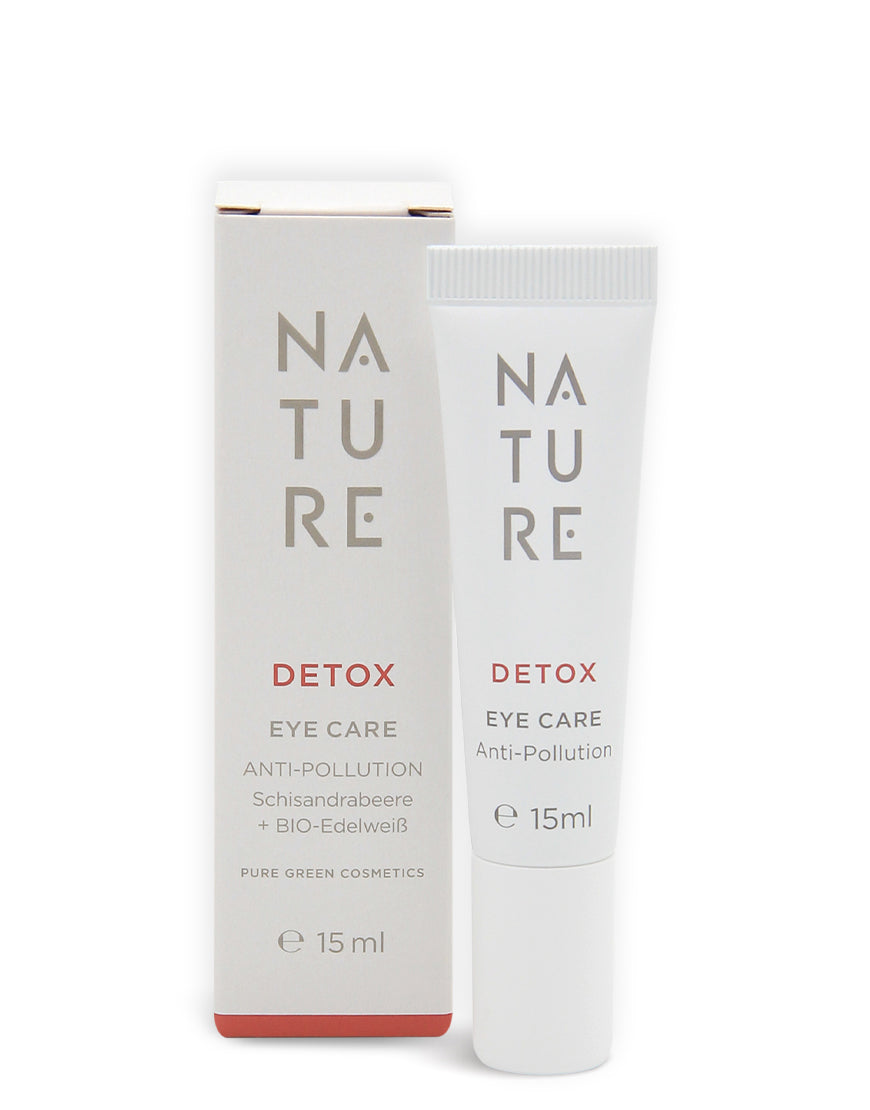 Detox-Augencreme mit Edelweiß- und Schisandra-Extrakt, 15 ml Tube neben Karton, schützt die Augenpartie vor Umwelteinflüssen, spendet Feuchtigkeit, bio und vegan.